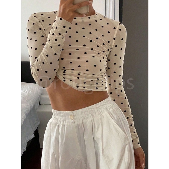Cream Off White Polka Dot Mesh Sheer Long Sleeve Tee Shirt Top - Picture 3 of 13
